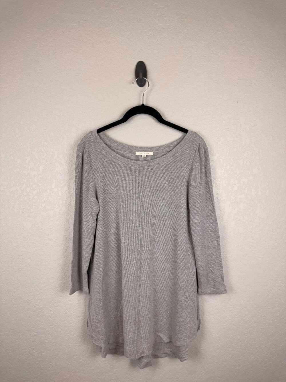 Pure + Good Women's Gray Ribbed 3/4 Sleeve Scoop Neck Tunic Top Small